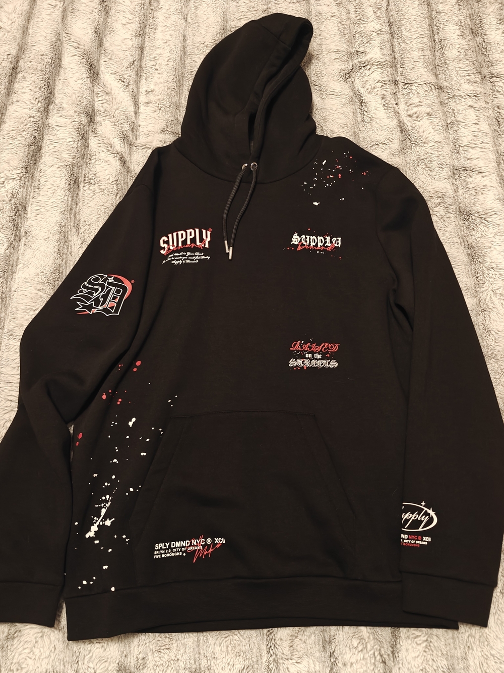 Black Graphic Pullover Hoodie with Red & White Accents
